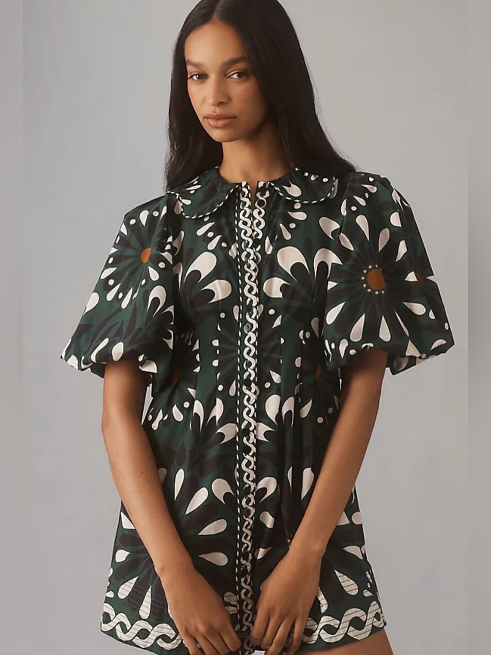 FARM Rio Green Ainika Flowers Puff Sleeve Mini Dress Size Small EUC